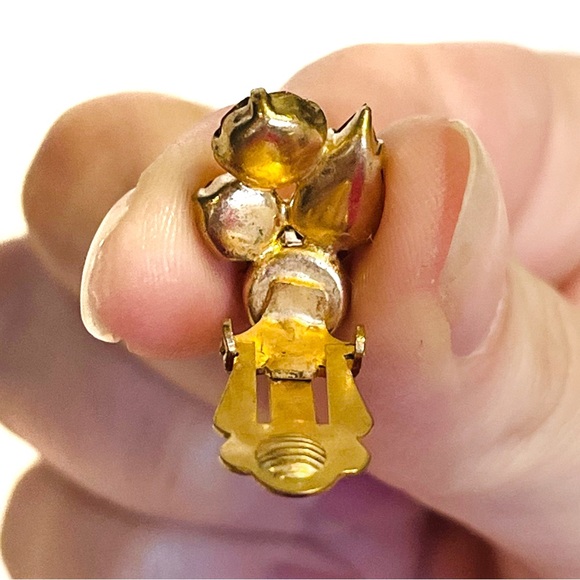 Vintage Gold Brown Tone Rhinestone Clip On Earrings Sparkly Classy Fancy Pretty - Picture 8 of 10